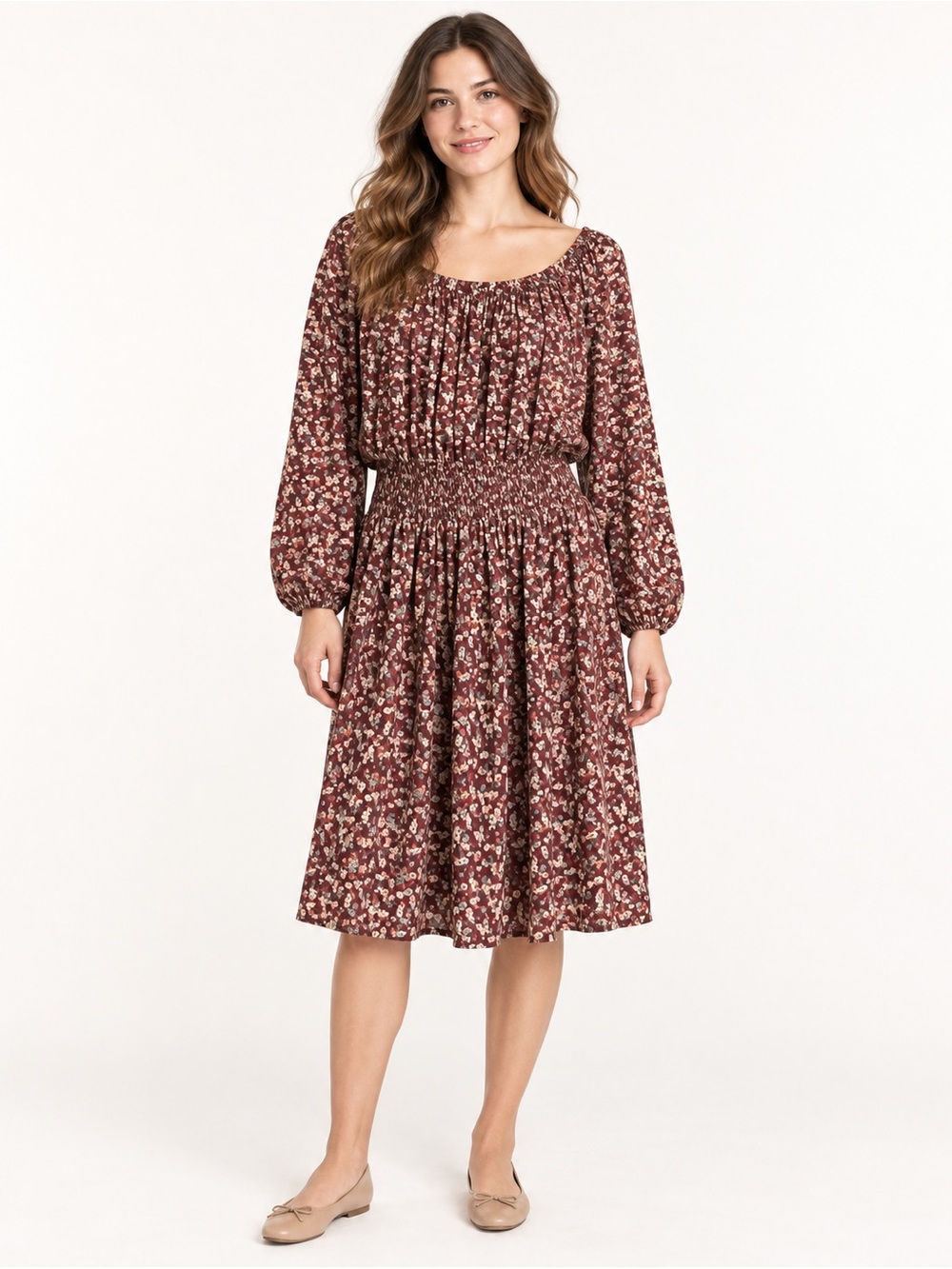 Beyond the Radar Rust Floral Smocked-Waist Long Sleeve Dress, Size L